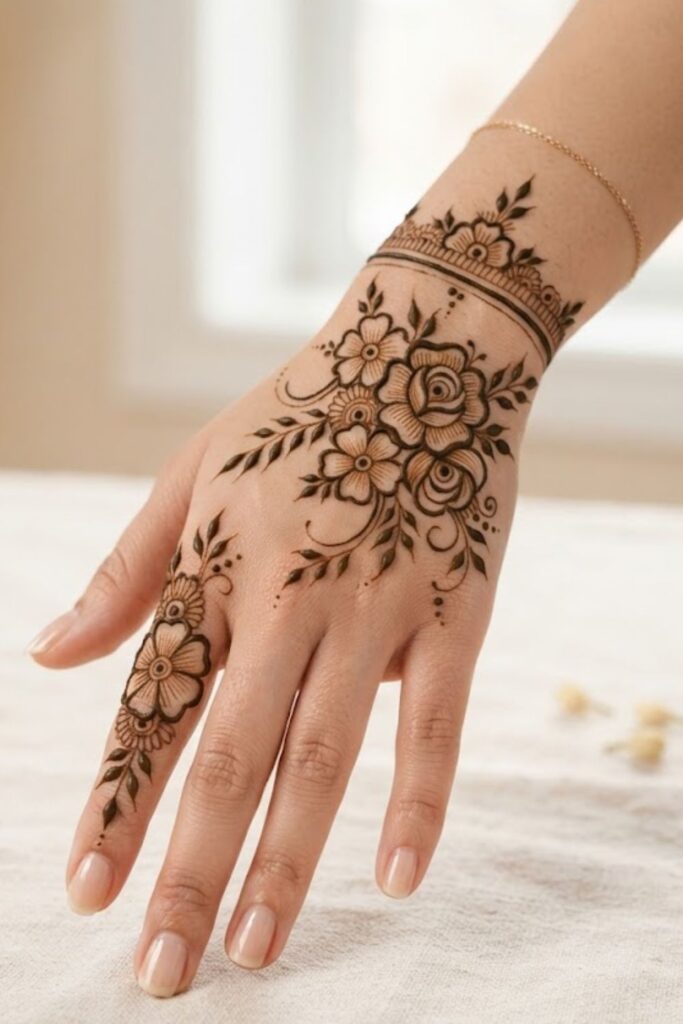 Negative-space floral mehndi design with bold flowers and delicate leafy vines