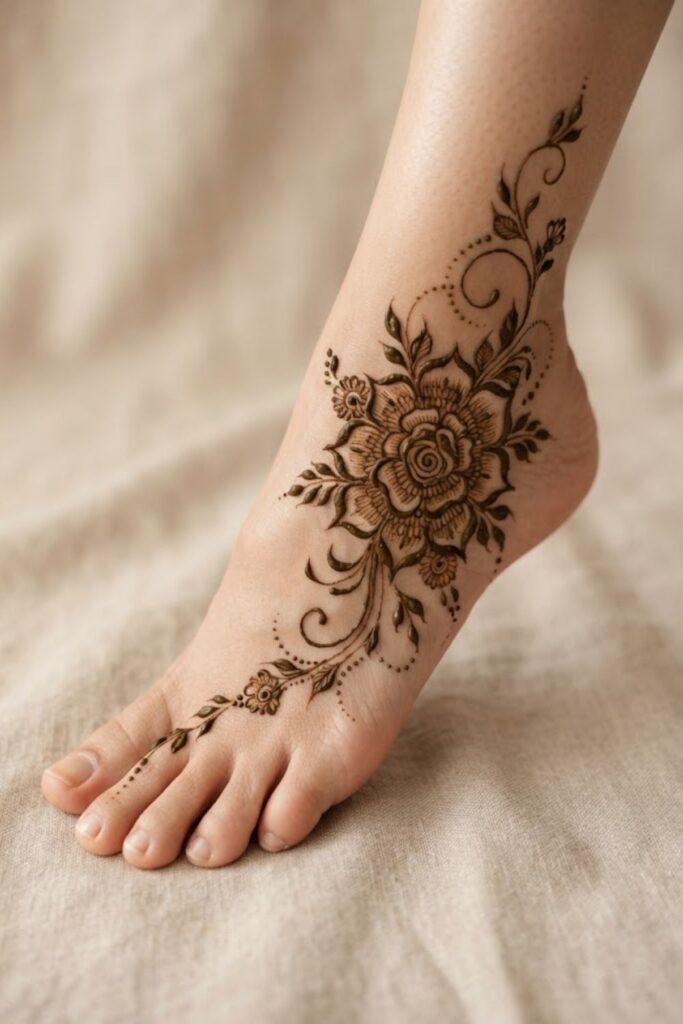 One-side foot mehndi with a large floral motif, leafy vine, and delicate henna details