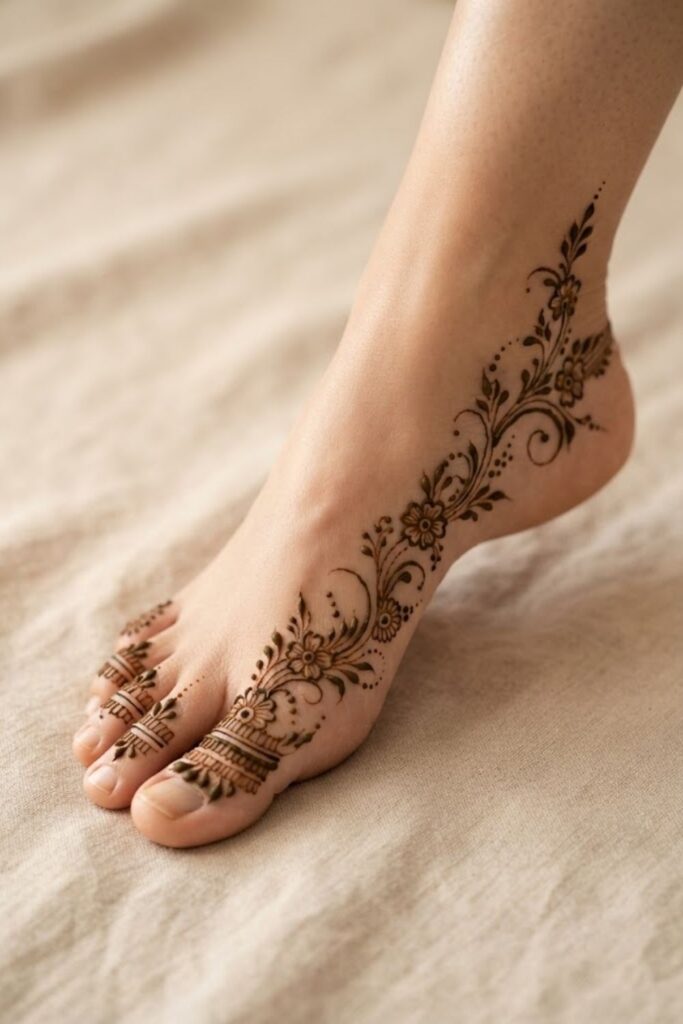 One-side foot mehndi design with floral vines and beautiful open spaces
