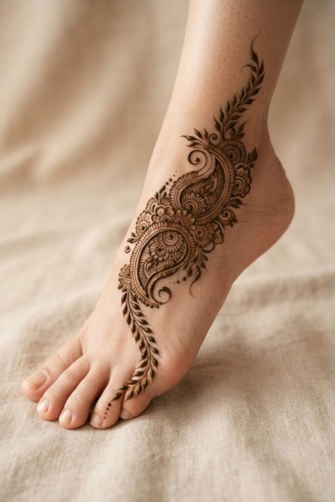 One-side paisley foot mehndi design with leafy vines, dots, and fine henna details