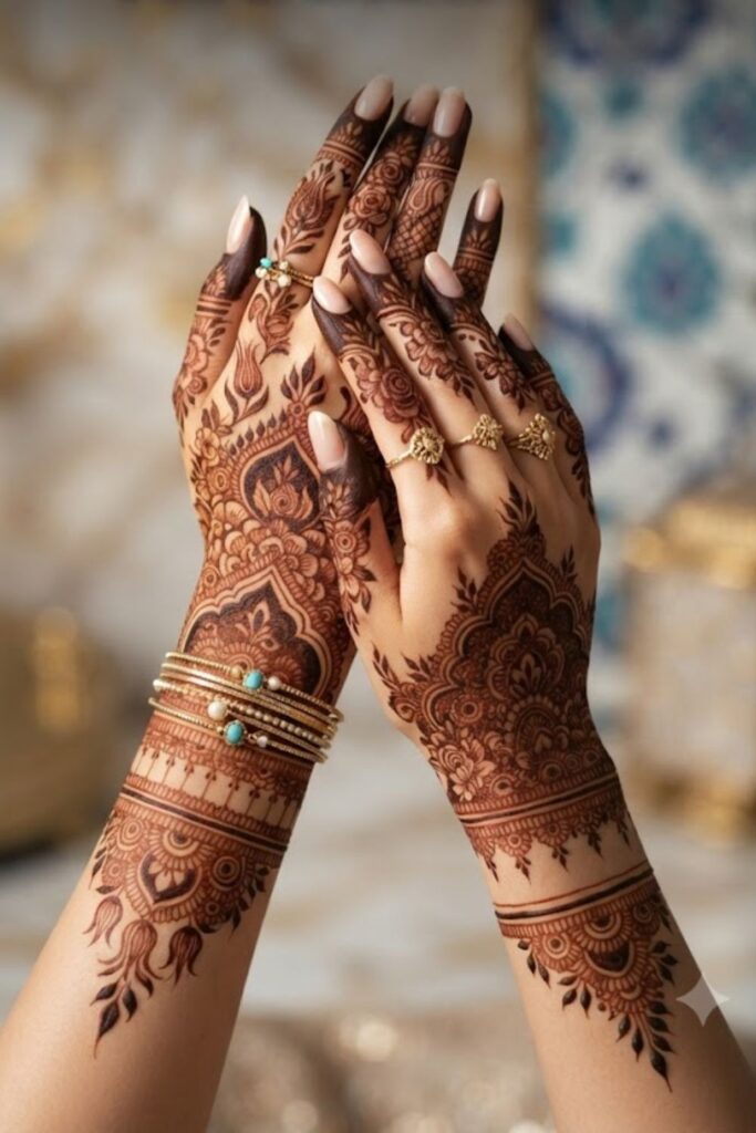 Ottoman Floral Mehndi featuring royal Turkish-inspired floral henna patterns with tulip motifs, elegant vines, and traditional Ottoman artwork on hands.
