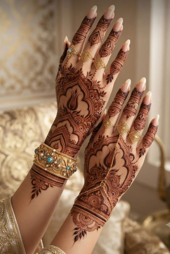 Ottoman Royal Mehndi featuring luxurious Turkish henna designs with royal floral patterns, palace-inspired motifs, and elegant bridal hand artwork.