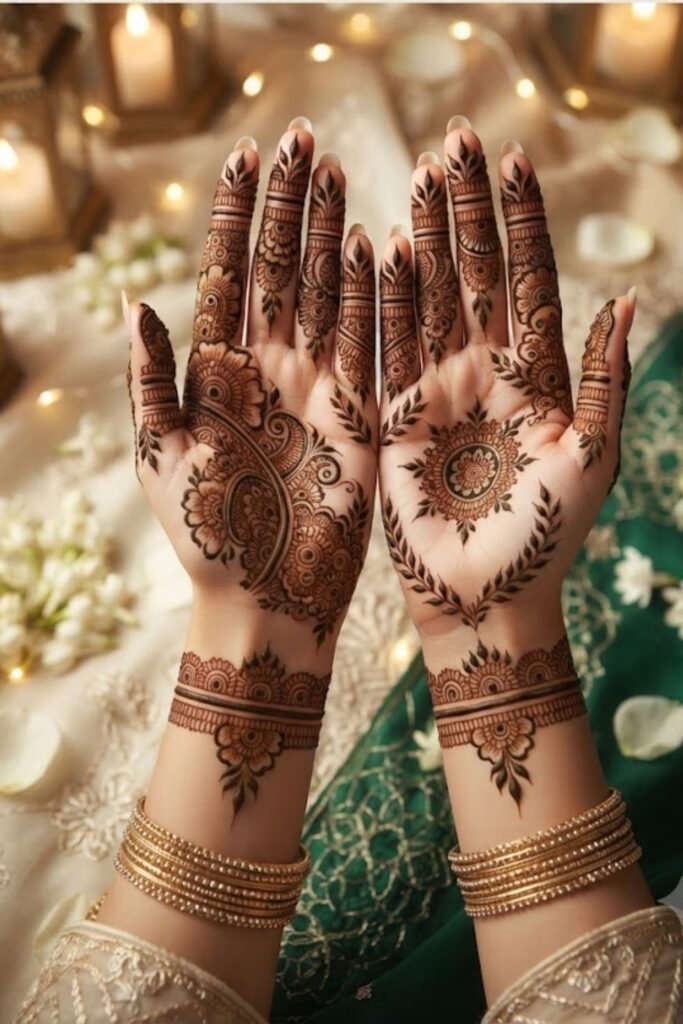 Pakistani Mehndi Trends for Eid Milad un Nabi featuring elegant floral, paisley, and bracelet-style henna designs