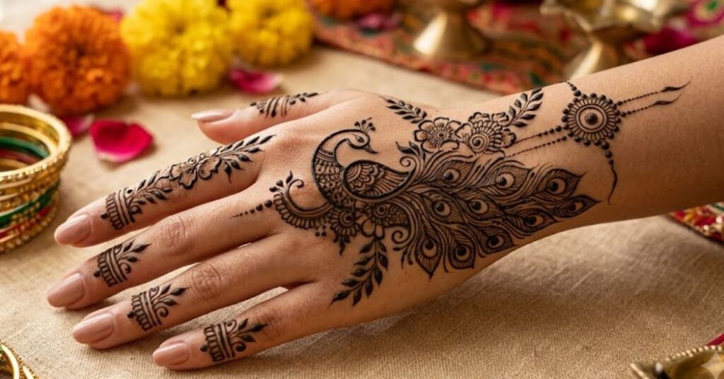 Peacock Inspired Rakhi Mehndi with elegant peacock motif and traditional henna patterns