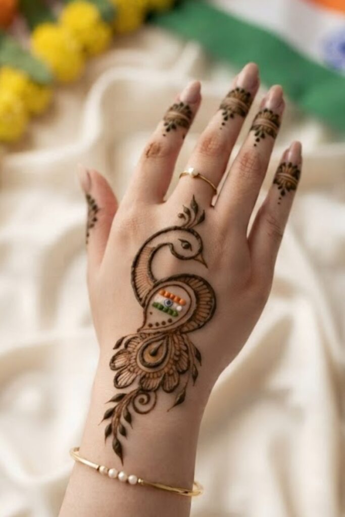 Peacock Independence Mehndi with elegant peacock feathers, Indian flag mehndi design, lotus flowers, Ashoka Chakra, and patriotic henna artwork