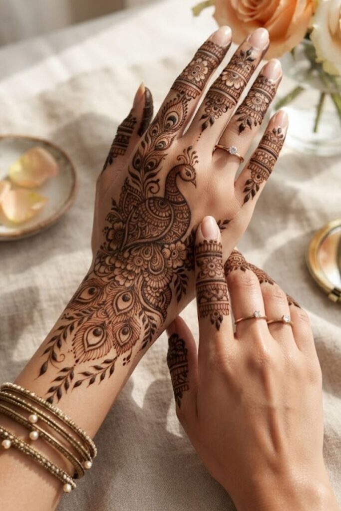 Peacock Mehndi Designs 2026 featuring elegant peacock motifs, detailed feathers, floral patterns, and traditional henna artwork