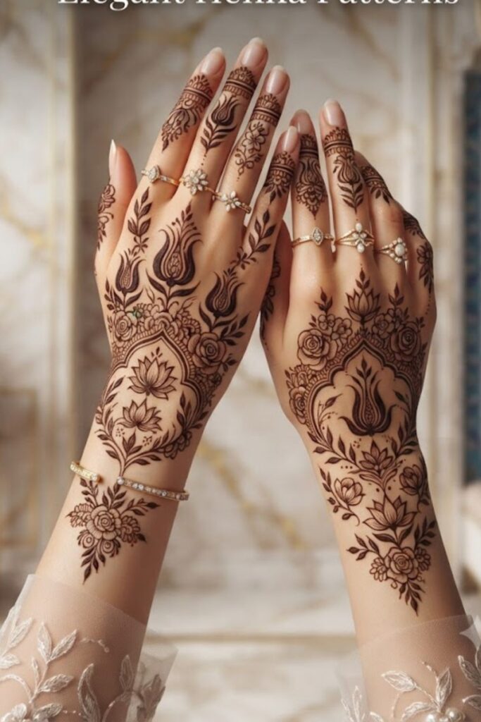 Popular Floral Motifs in Turkish Mehndi Designs 2026 featuring tulip, rose, jasmine, and Ottoman-inspired floral henna patterns on elegant hands.