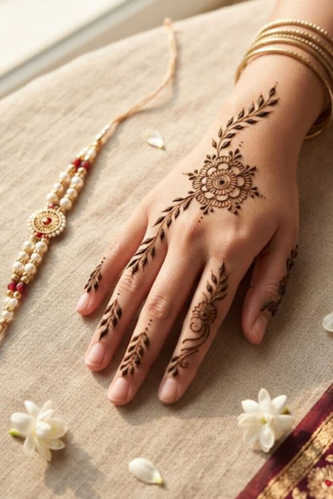 Rakhi-inspired mehndi design with a delicate circular floral motif and leafy details