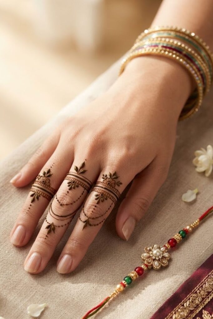 Ring-style finger mehndi design with delicate floral and chain details for Raksha Bandhan