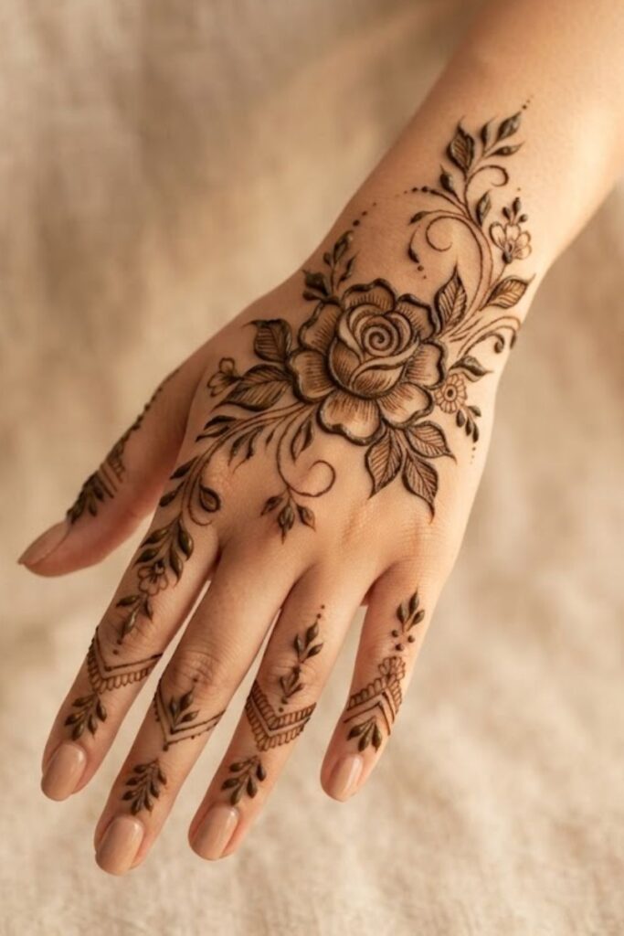 Rose and leaf back hand mehndi design with an elegant floral pattern.