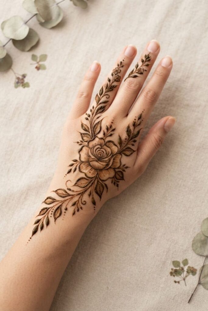 Rose and leaf mehndi design with a detailed rose, graceful leafy vines, and fine henna lines