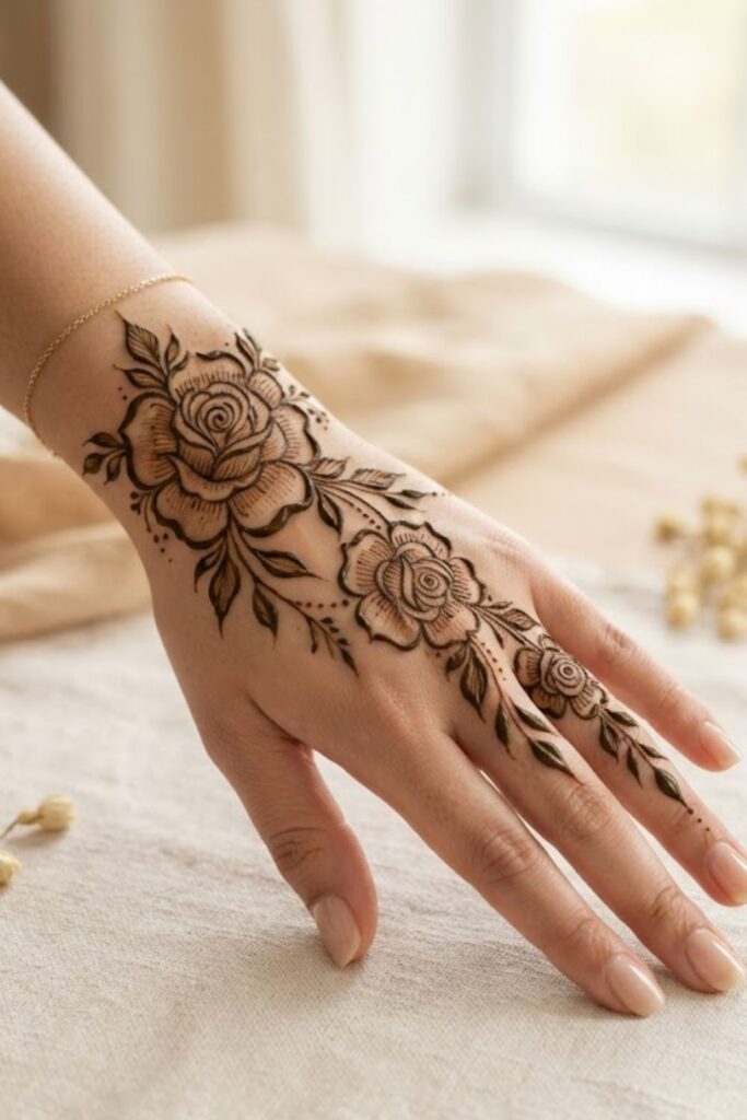 Rose and leaf trail mehndi design with elegant flowers and curved vines