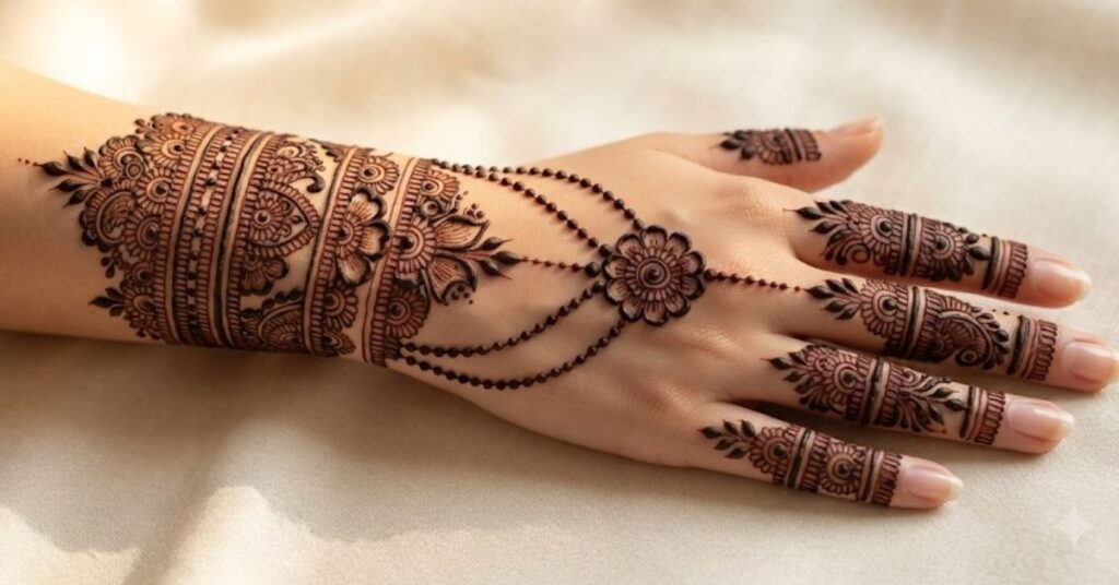 Royal Bracelet Mehndi Designs featuring luxurious wrist henna patterns, intricate floral details, and jewelry-inspired bridal mehndi art