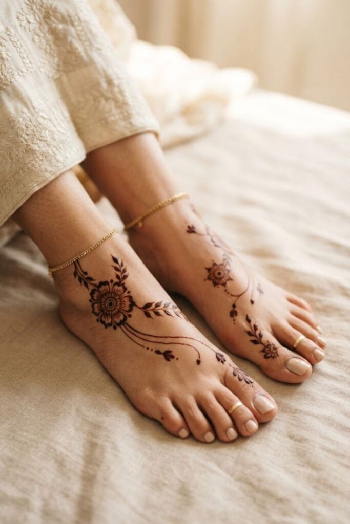 Simple Arabic foot mehndi design for beginners with easy flowers, leafy vines, and delicate patterns