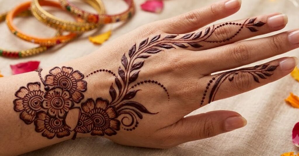 Simple Arabic Rakhi Mehndi Design with floral vines and elegant henna patterns