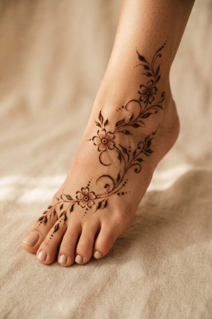 Simple floral and leaf combination foot mehndi design