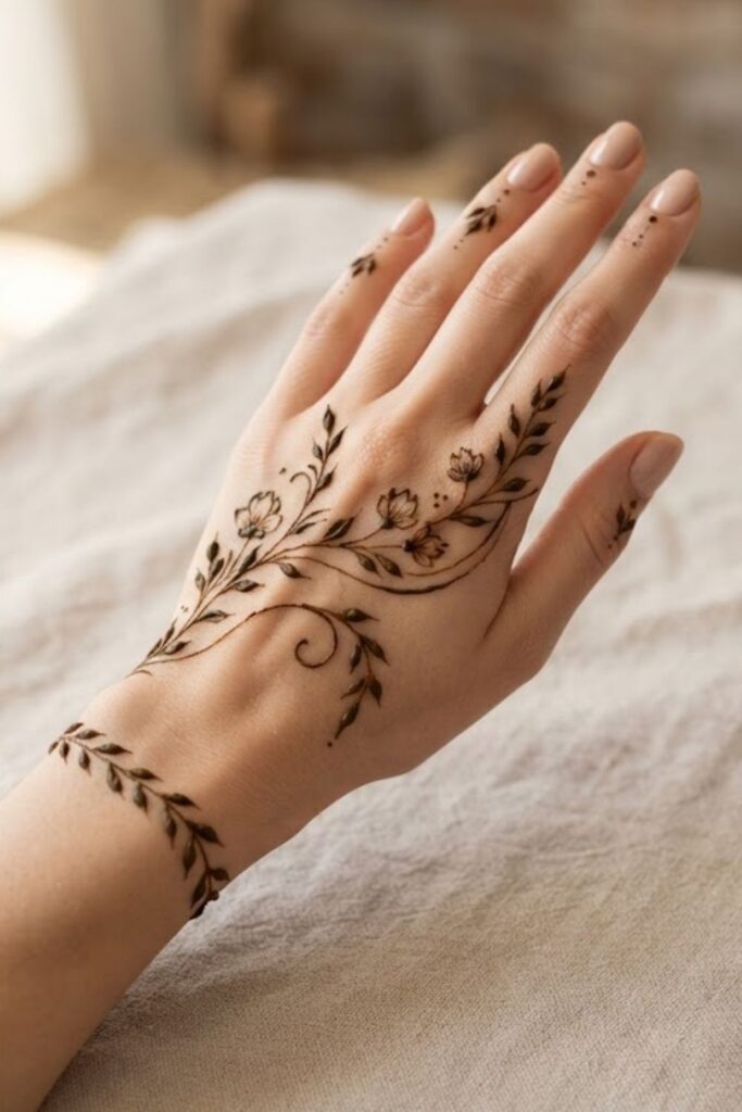 Simple floral back hand mehndi design with delicate flowers and leafy vines.