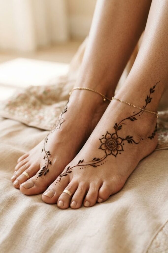 Simple floral foot mehndi design with delicate flowers, leafy vines, and minimal Arabic patterns