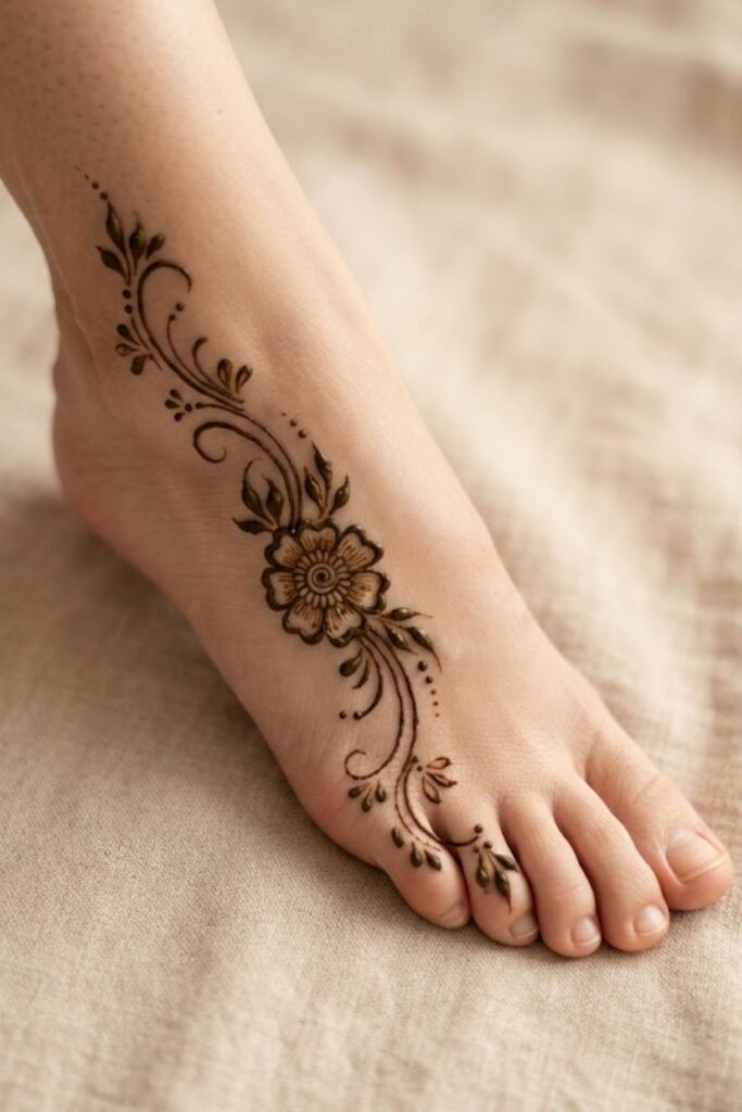 Simple floral one side foot mehndi design with delicate flowers and leafy vine