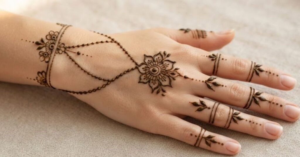 Simple Jewelry Style Mehndi Designs for Beginners featuring easy bracelet mehndi patterns, minimal finger designs, and elegant henna art