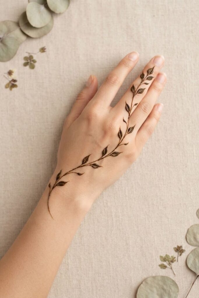 Try this simple leaf mehndi design featuring a delicate leafy vine, fine lines, and beautiful negative space. A beginner-friendly and elegant henna idea for everyday wear and special occasions.