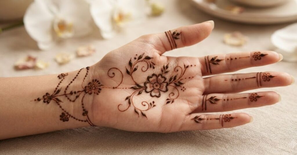 Simple party mehndi design for beginners with easy floral and minimal henna patterns on hand