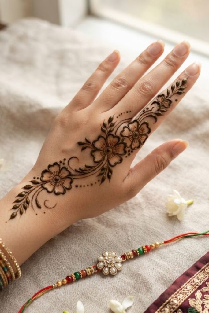 Simple Arabic Raksha Bandhan mehndi design with floral vines and negative space
