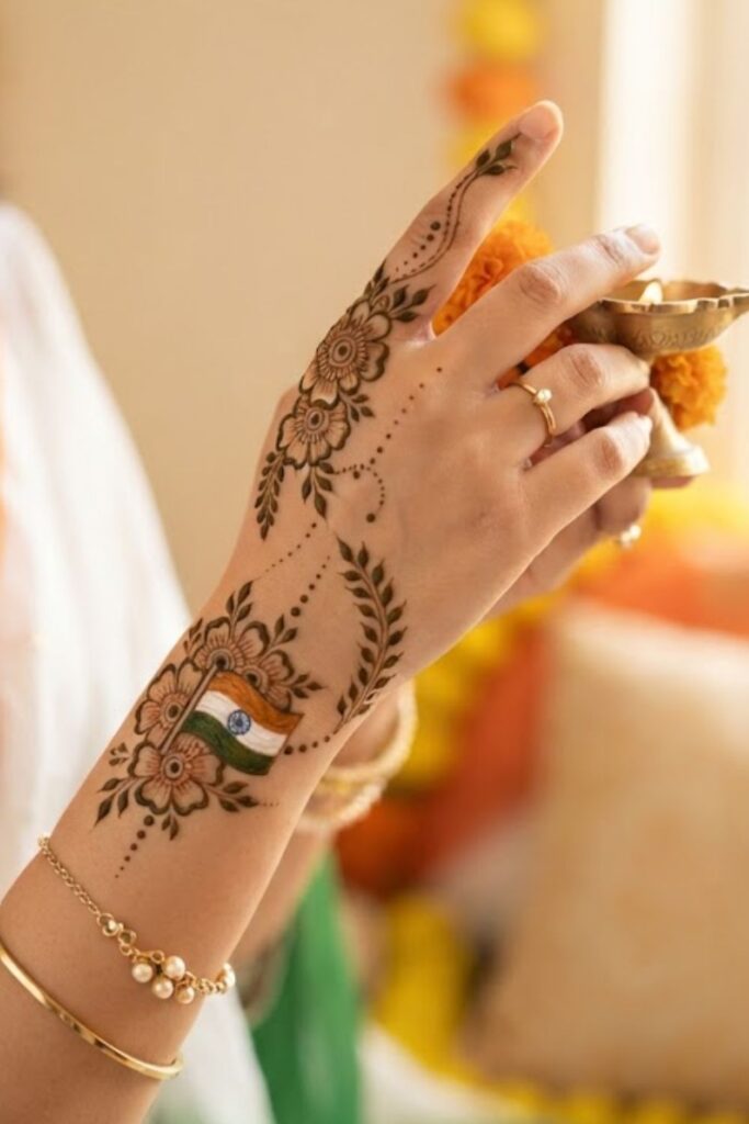 Simple Indian Independence Day Mehndi Designs 2026 with easy patriotic henna patterns, Indian flag mehndi design, floral motifs, and minimal 15 August ideas