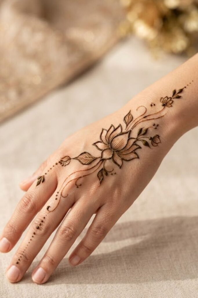Lotus mehndi for wedding guests with elegant floral henna details