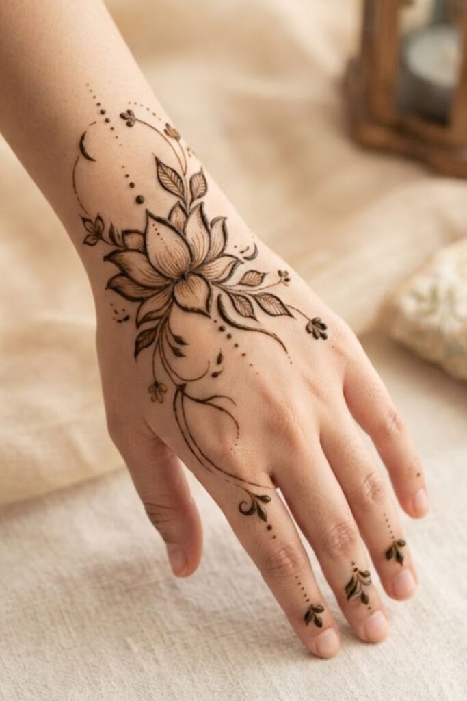 Simple lotus mehndi for Eid with elegant floral and crescent-inspired details
