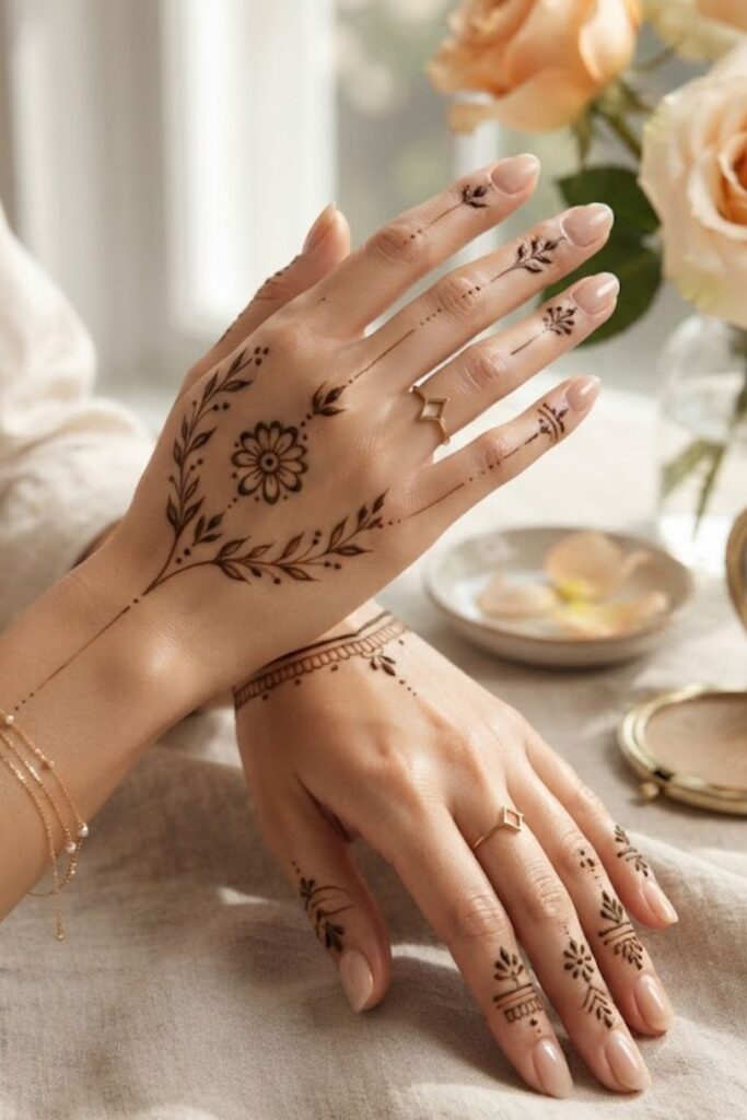 Simple Mehndi Designs 2026 for Everyday Beauty featuring minimal henna patterns, floral details, and elegant easy hand designs