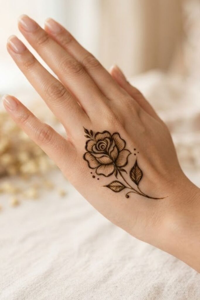 Single rose floral mehndi design with delicate leaves and fine details