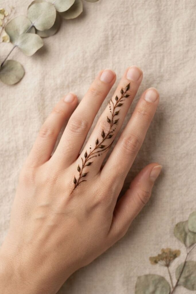 A delicate small leaf finger mehndi design featuring tiny leaves, a graceful vine, fine lines, and plenty of negative space. A simple and elegant henna idea for beginners and everyday wear.