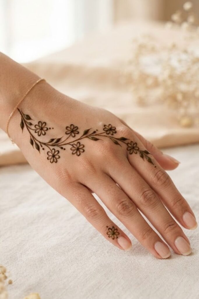 Small daisy mehndi design with delicate flowers and leafy vine