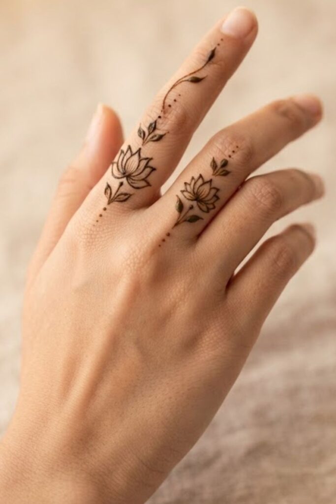Small lotus mehndi design on fingers with delicate henna details