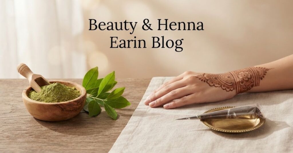 Difference between mehndi and henna in everyday use, showing natural henna powder, leaves, mehndi cone, and decorated hand.