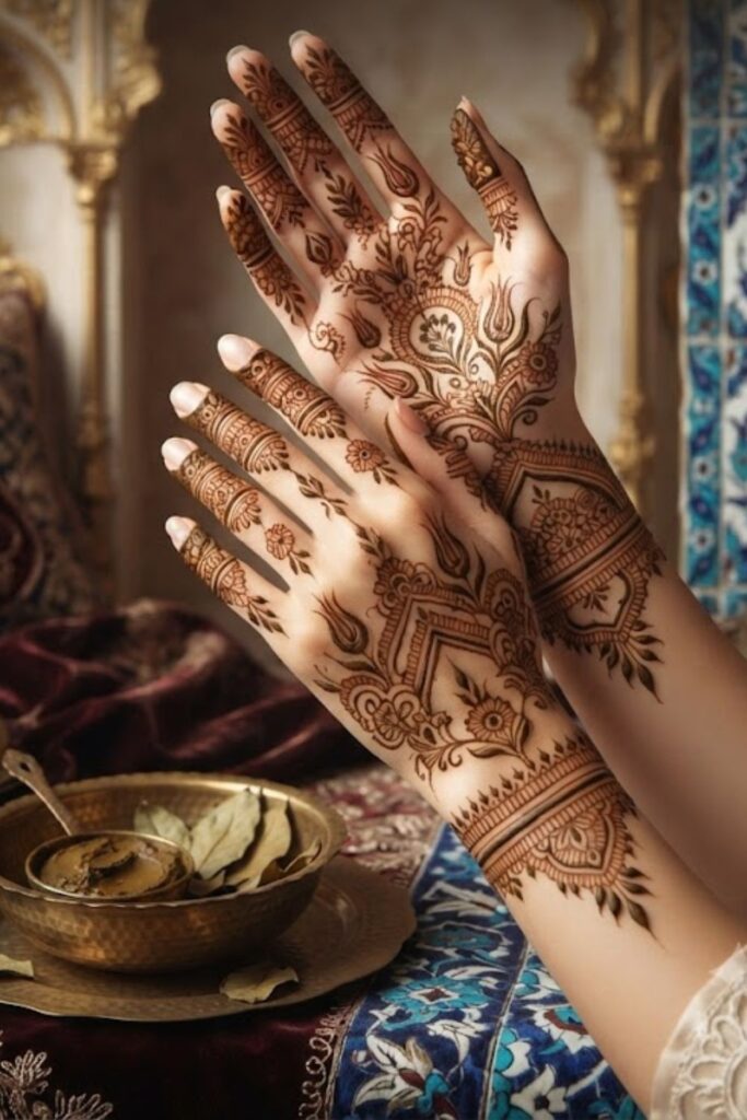 The History Behind Turkish Henna Art featuring traditional Turkish henna designs, Ottoman-inspired motifs, and cultural Kına Gecesi heritage.
