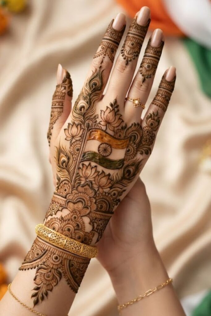 Symbolism Behind Independence Day Mehndi featuring Indian flag mehndi design, Ashoka Chakra, lotus, peacock motifs, and patriotic henna art