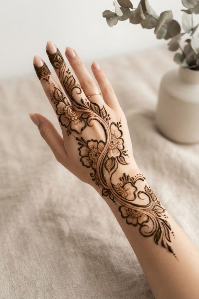 Thick Floral Vine Mehndi Design with bold flowers, leaves, and curved henna lines