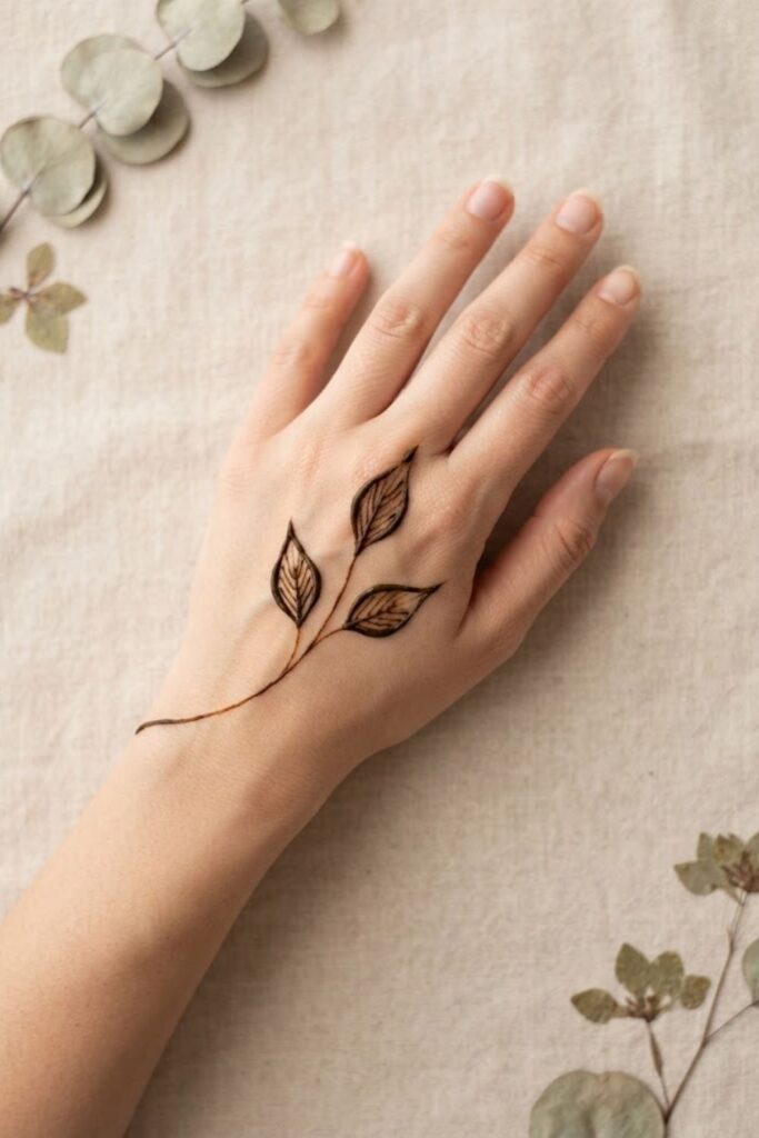 Three-leaf minimal mehndi design with three delicate leaves on a curved stem