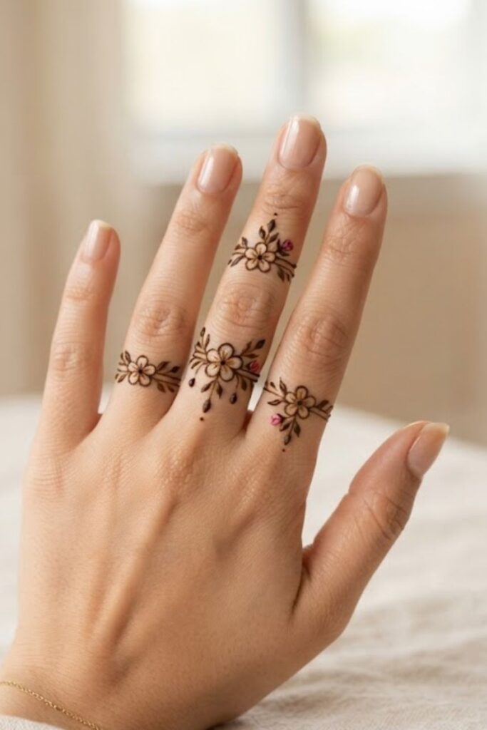 Tiny floral finger band mehndi designs with delicate flowers and leaves