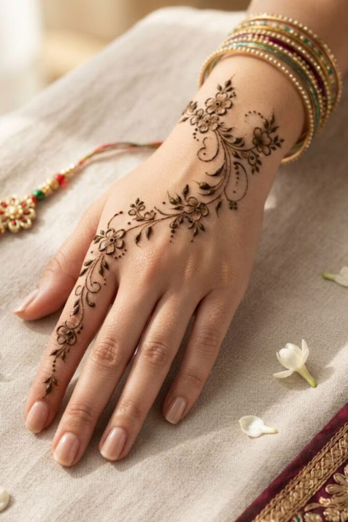 Tiny floral vine Raksha Bandhan mehndi design with delicate flowers and leaves