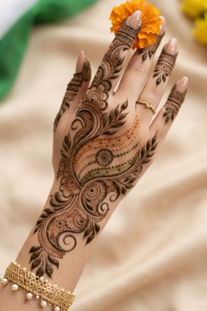 Trending Arabic Indian Independence Day Mehndi Designs 2026 with Arabic floral vines, Indian flag mehndi design, patriotic henna patterns, and elegant hand art