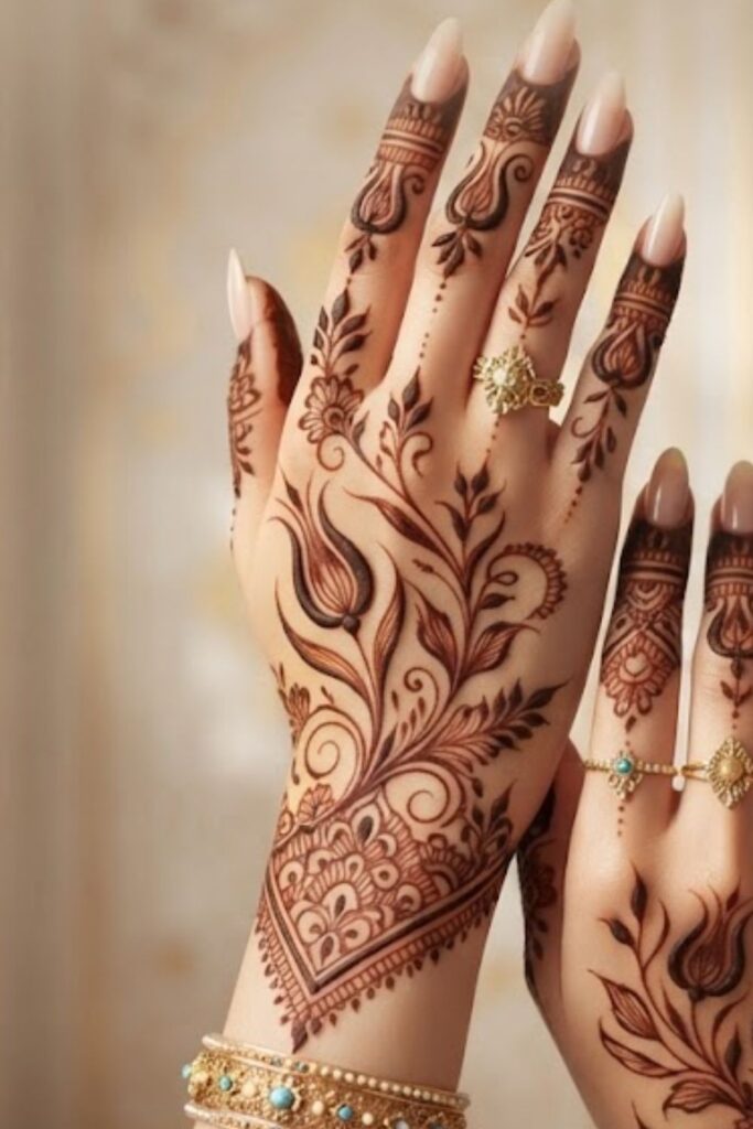 Tulip Turkish Mehndi Design featuring elegant Turkish henna patterns with floral tulip motifs, Ottoman-inspired details, and delicate hand artwork.