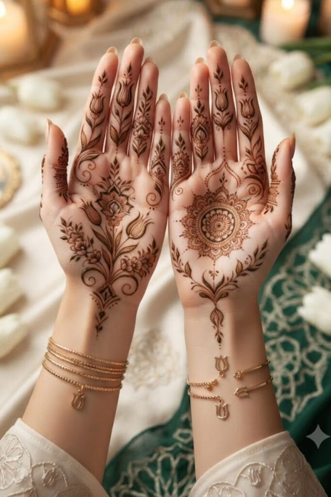 Turkish Eid Milad un Nabi mehndi inspiration featuring elegant tulip floral patterns and modern Islamic henna art