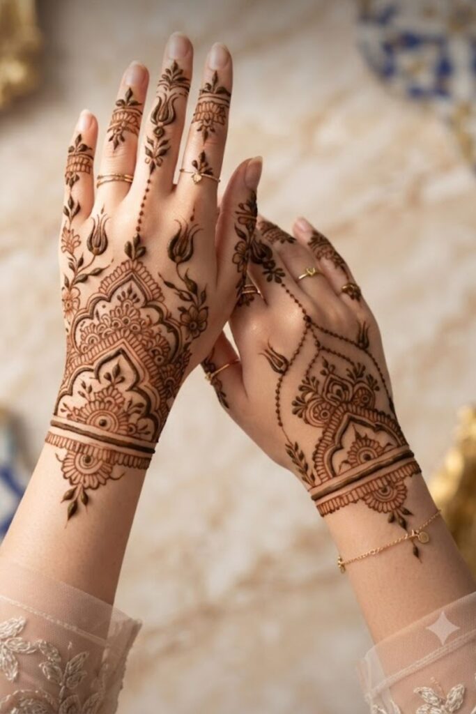 Turkish Back Hand Mehndi featuring elegant Ottoman-inspired henna patterns, floral vines, bracelet details, and fine-line Turkish hand artwork.