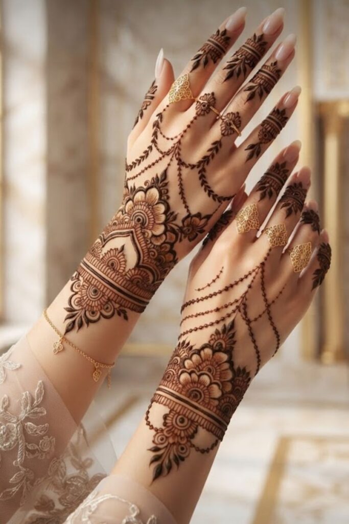 Turkish Bracelet Mehndi featuring elegant jewelry-inspired henna patterns with floral vines, bracelet designs, and Ottoman-style details on hands.