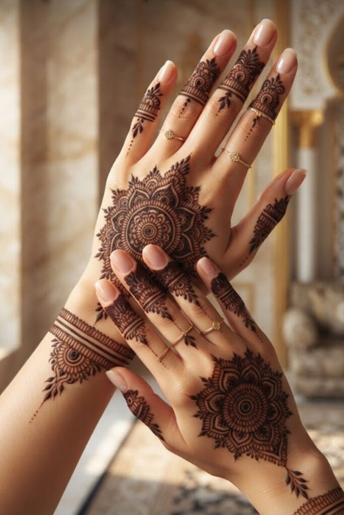Turkish Mandala Mehndi featuring elegant geometric mandala patterns, Ottoman-inspired details, floral motifs, and fine-line Turkish henna artwork on hands.