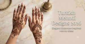 Turkish Mehndi Designs 2026 featuring elegant Ottoman-inspired floral and jewelry-style henna patterns on front and back hands.