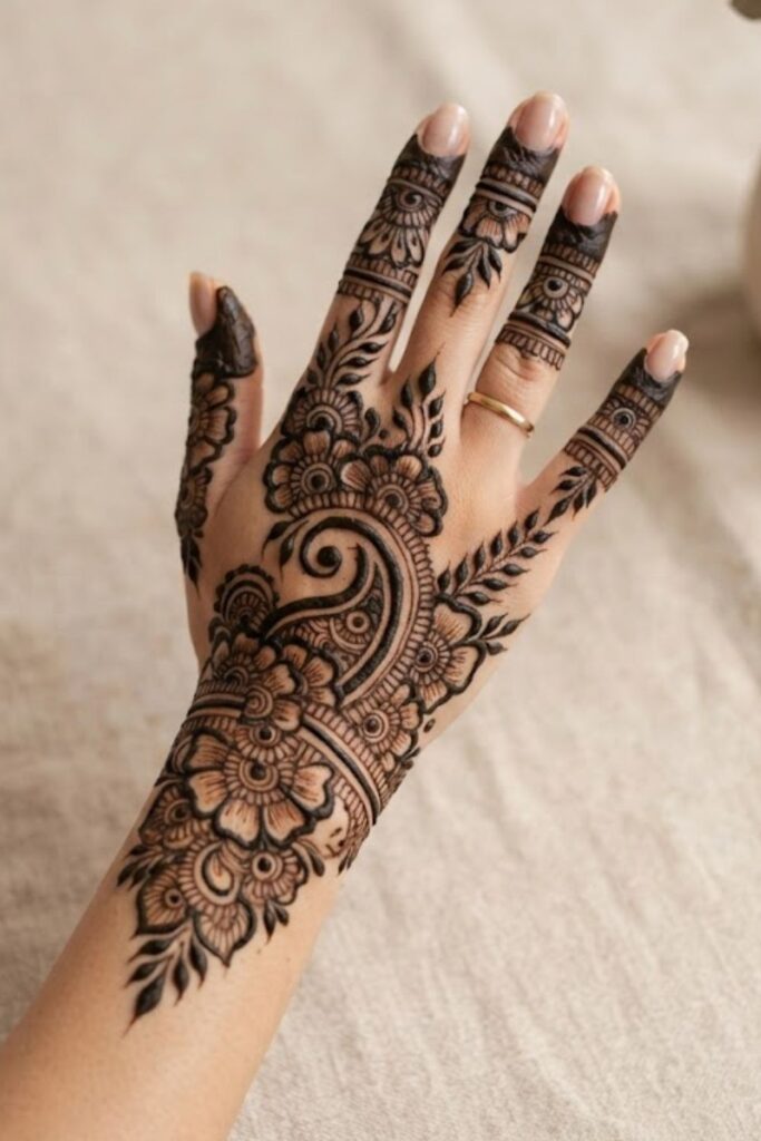 Bold Mehndi Designs 2026 featuring thick-line floral and paisley henna patterns on hand